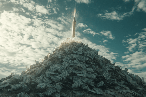 An arrow shooting up out of a huge pile of money