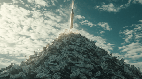 An arrow shooting up out of a huge pile of money