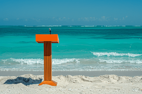 Wooden speaker podium with a microphone sitting on a beach with ocean waves rolling in