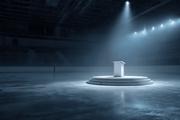 A speaker's podium in the middle of an ice rink with spotlights on it