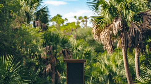 A speaker podium on a stage in a grove of palmetto trees