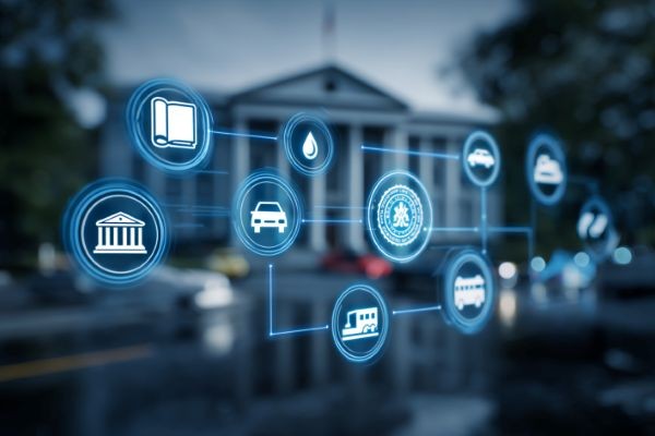 various public entity icons on a screen in front of a government building