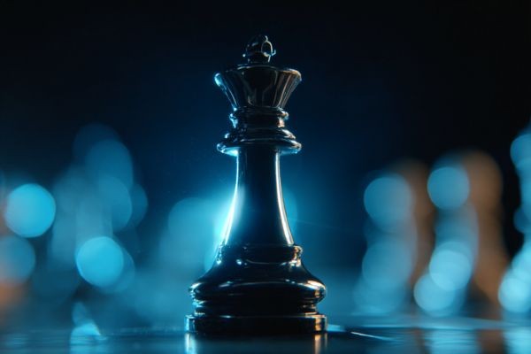 queen chess piece backlit on a chessboard with other pieces