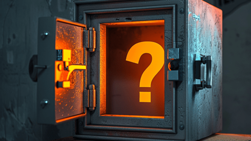 A metal safe with a glowing orange question mark in it