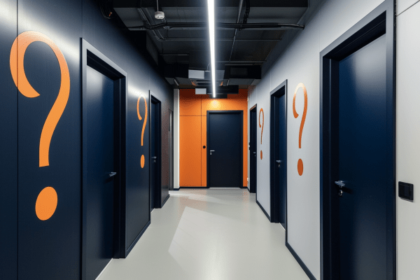 Office hallway with question marks on the walls