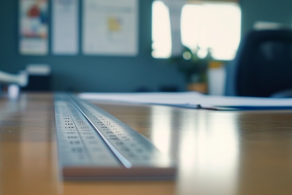 A metal ruler on an office desk