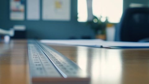 A metal ruler on an office desk