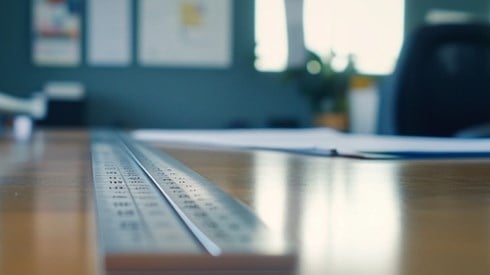 A metal ruler on an office desk