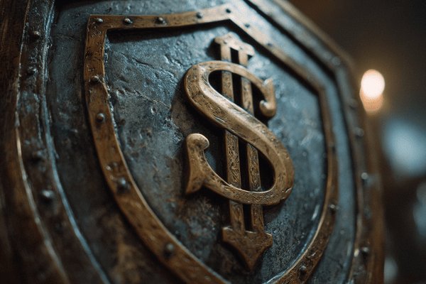 A metal shield with a money sign on the front of it