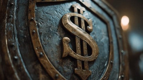 A metal shield with a money sign on the front of it