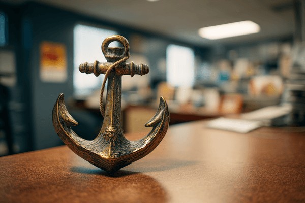A small brass ship's anchor sitting upright on top of an office desk 