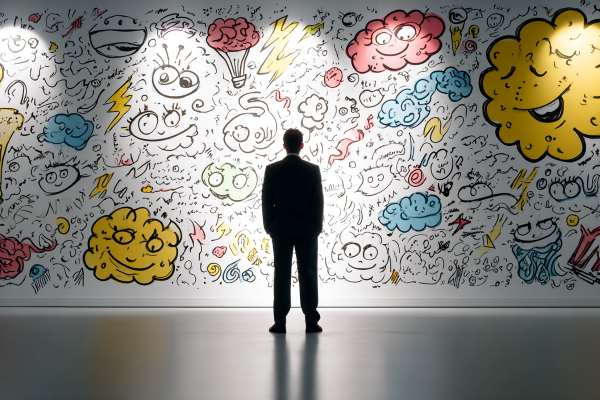 silhouette of a businessman standing in front of a white wall filled with brightly colored doodles of brains, lightbulbs, and lightning with eyeballs