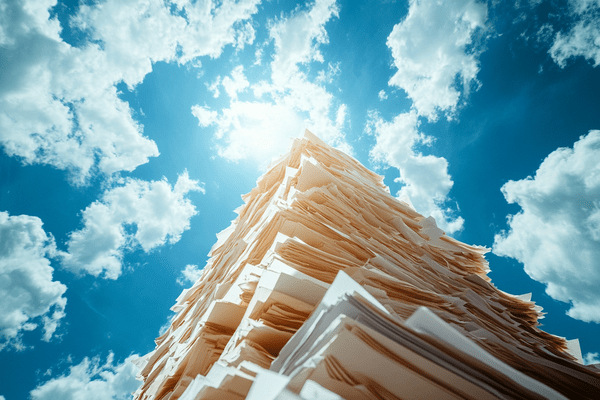 A stack of documents reaching toward the sky