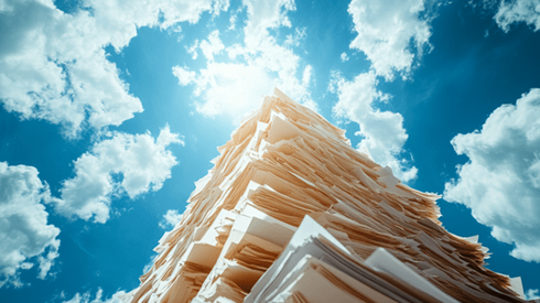 A stack of documents reaching toward the sky