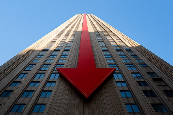 A red arrow pointing down on the side of a skyscraper