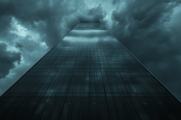 Looking up at storm clouds behind a skyscraper