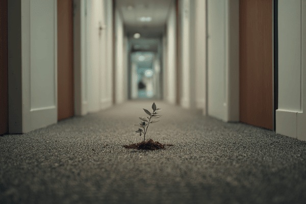 A small plant sprouting out of the floor in the hallway of an office