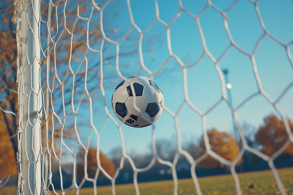 A soccer ball hitting back of the goal net
