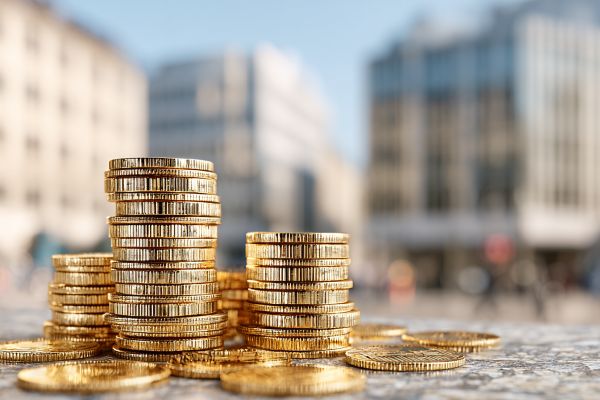 Stacks of gold coins in front of a downtown commercial district on a bright sunny day