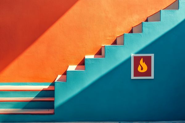blue and orange stairs over a danger sign