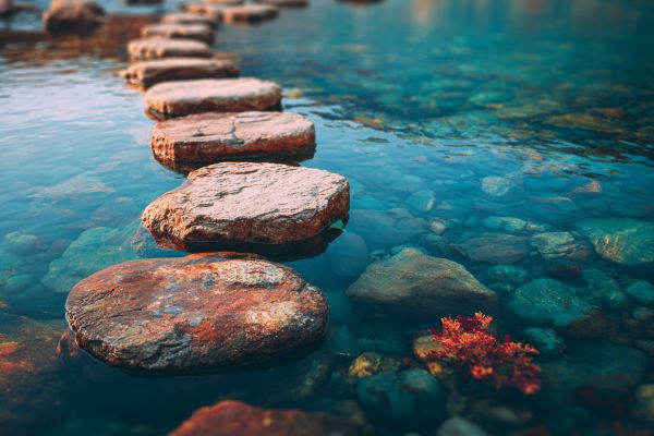 flat stepping stones in a clear blue river