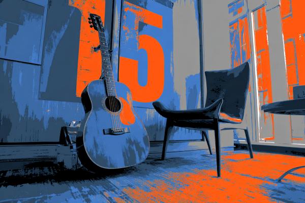 stylized photo of a blue guitar leaning up against a blue and orange wall with the number "15" on it next to a chair