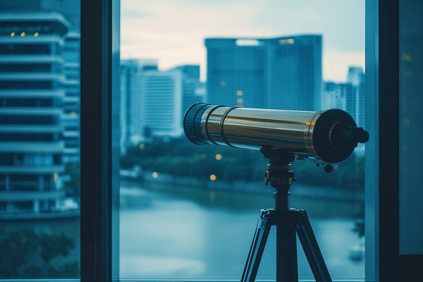 A telescope pointed to look outside of an office window