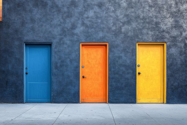 three doors in blue, orange, and yellow