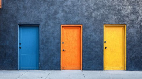 three doors in blue, orange, and yellow