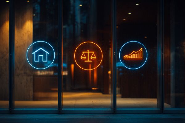 three icons in circles projected onto a glass wall: building, legal scales, increasing graph