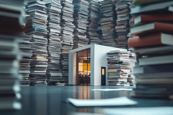 tiny commercial building surrounded by stacks of books and papers