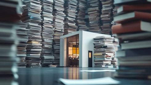 tiny commercial building surrounded by stacks of books and papers