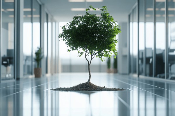  A tree growing out of the floor of a hallway in an office