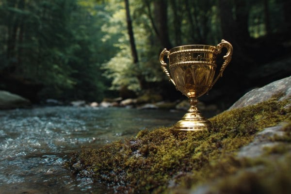 A gold trophy next to a steam in a forest