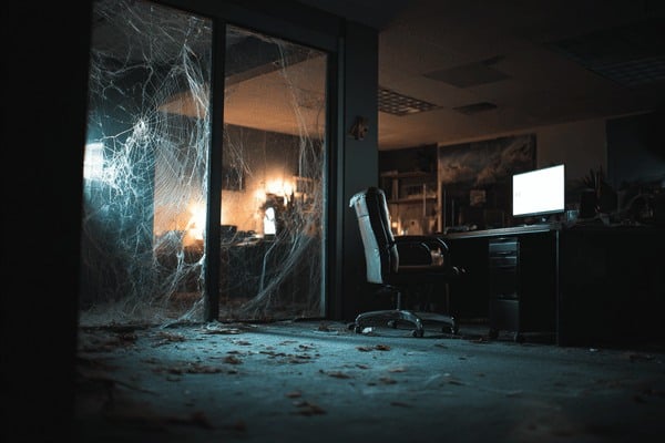 An unused office covered in dust and cobwebs