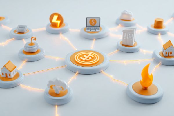 web of discs with 3D icons including a house, flame, lightning bolt, and dollar sign, interconnected by orange lines