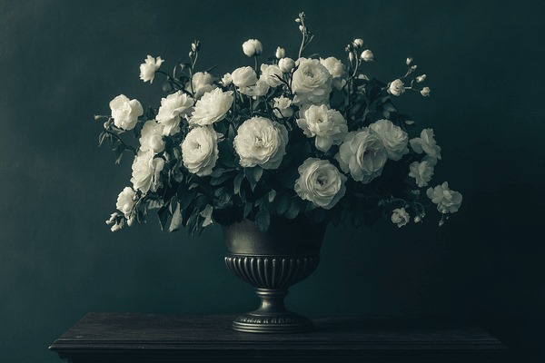 White roses in a pewter vase sitting on a table with a dark grey background