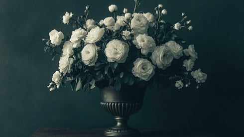 White roses in a pewter vase sitting on a table with a dark grey background