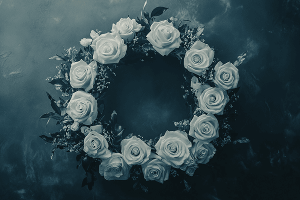 A wreath of white roses against a dark grey backdrop