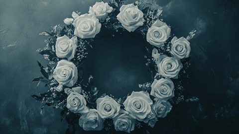 A wreath of white roses against a dark grey backdrop