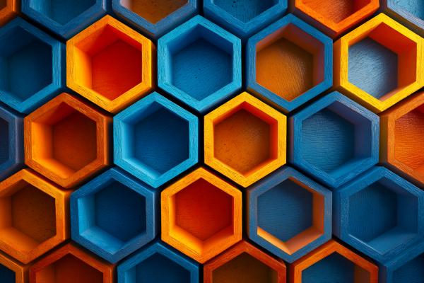 blue and orange wooden hexagons fit closely together
