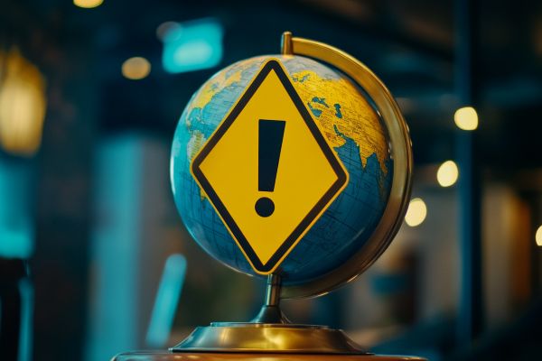 yellow sign with an exclamation point on it, attached to a globe of the earth