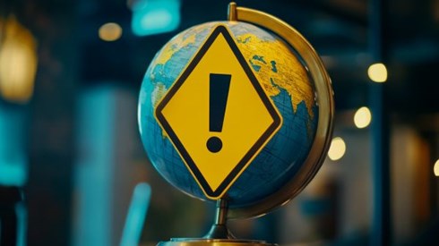 yellow sign with an exclamation point on it, attached to a globe of the earth