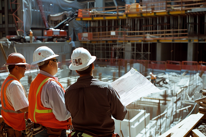Three construction professionals look at blueprints while standing over the work site