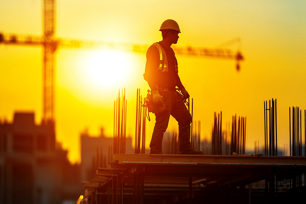 A construction worker on the roof of a jobsite is silhouetted again a strong setting sun with a crane in the background