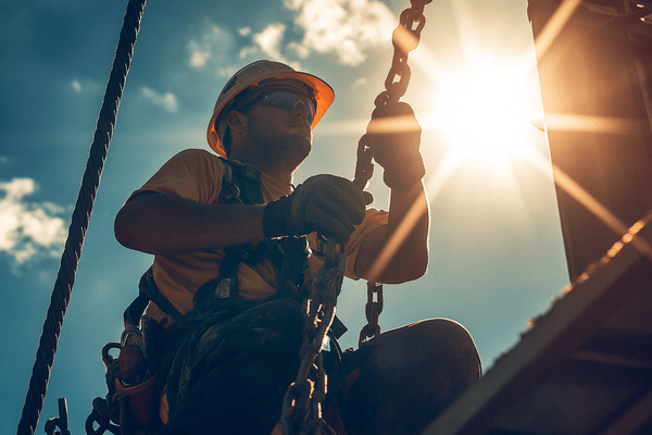 A construction worker works under a bright sun