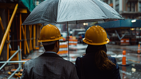 Two business professionals in hard hats stand under an umbrella while visiting a construction site on a rainy day