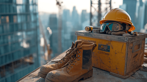 A pair of work boots, a pair of work gloves, a safety helmet, a pair of safety glasses, and a toolbox on the outside of a skyscraper under construction