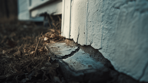 Closeup of a crack in a house's concrete foundation