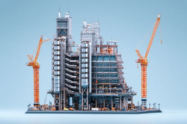 model of the iconic Lloyd's of London building with construction cranes and scaffolding on a blue background